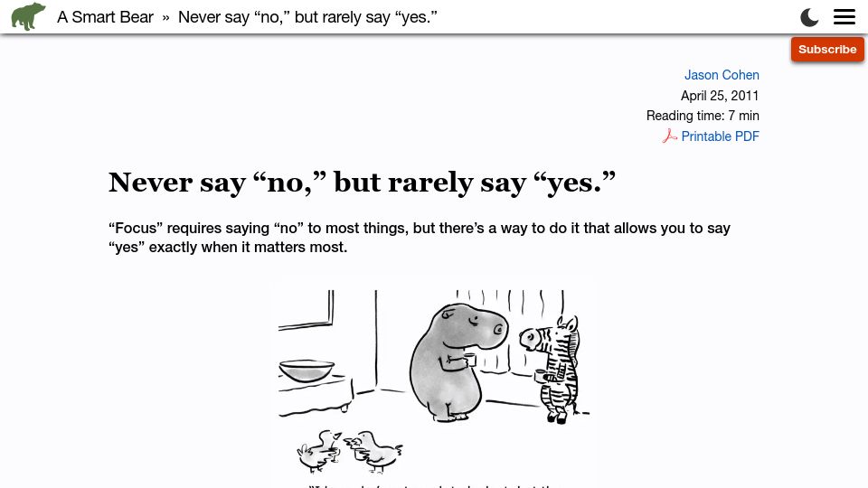 Screenshot of longform.asmartbear.com: Never say no, but rarely say yes (2011)