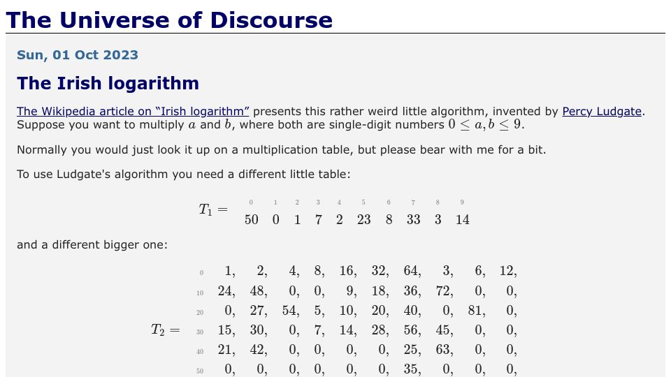 Screenshot of blog.plover.com: The Irish Logarithm