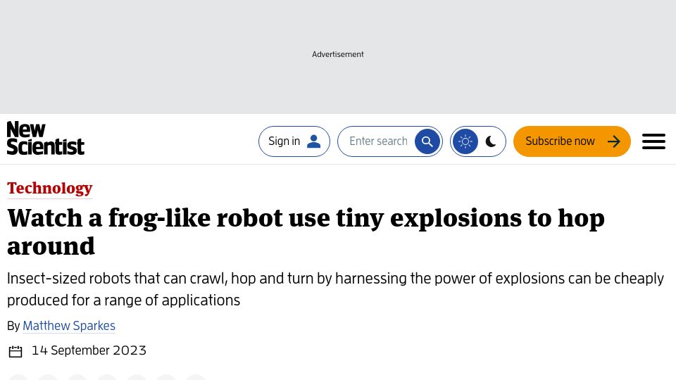 Screenshot of newscientist.com: Insect-sized robots that can crawl, hop and turn