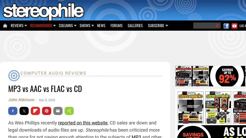 Screenshot of stereophile.com: MP3 vs. AAC vs. FLAC vs. CD (2008)