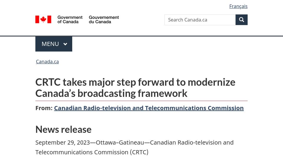 Screenshot of canada.ca: Canada to require registration of podcasters and streaming services