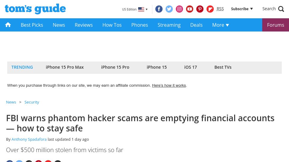 Screenshot of tomsguide.com: FBI warns “phantom” hacker scams are emptying financial accounts