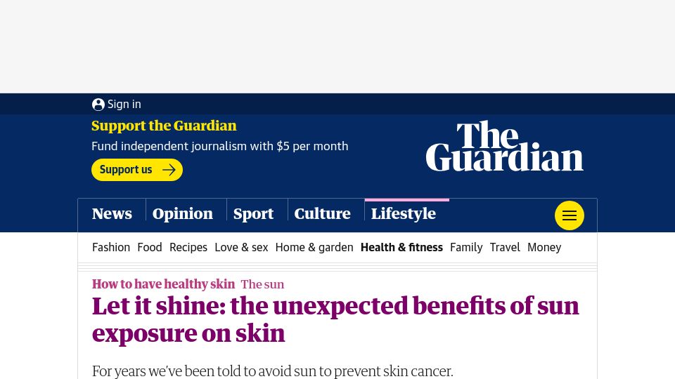 Screenshot of theguardian.com: Unexpected benefits of sun exposure on skin