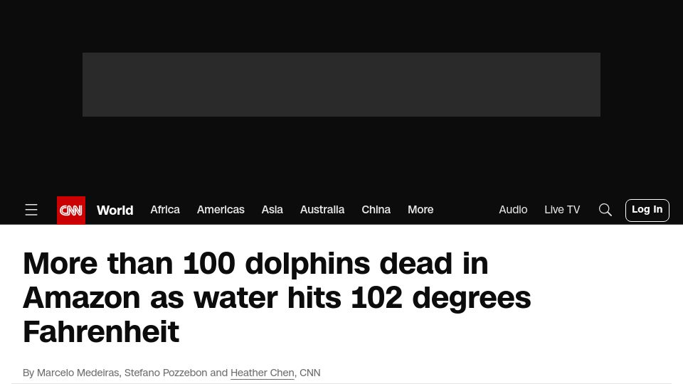 Screenshot of cnn.com: More than 100 dolphins dead in Amazon as water hits 102 degrees Fahrenheit