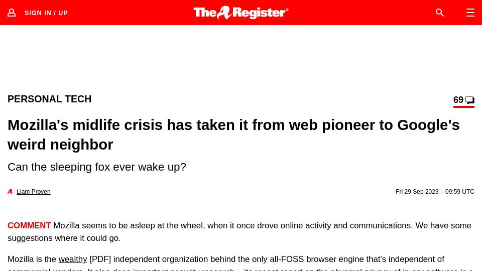 Screenshot of theregister.com: Mozilla's midlife crisis has taken it from pioneer to Google's weird neighbor