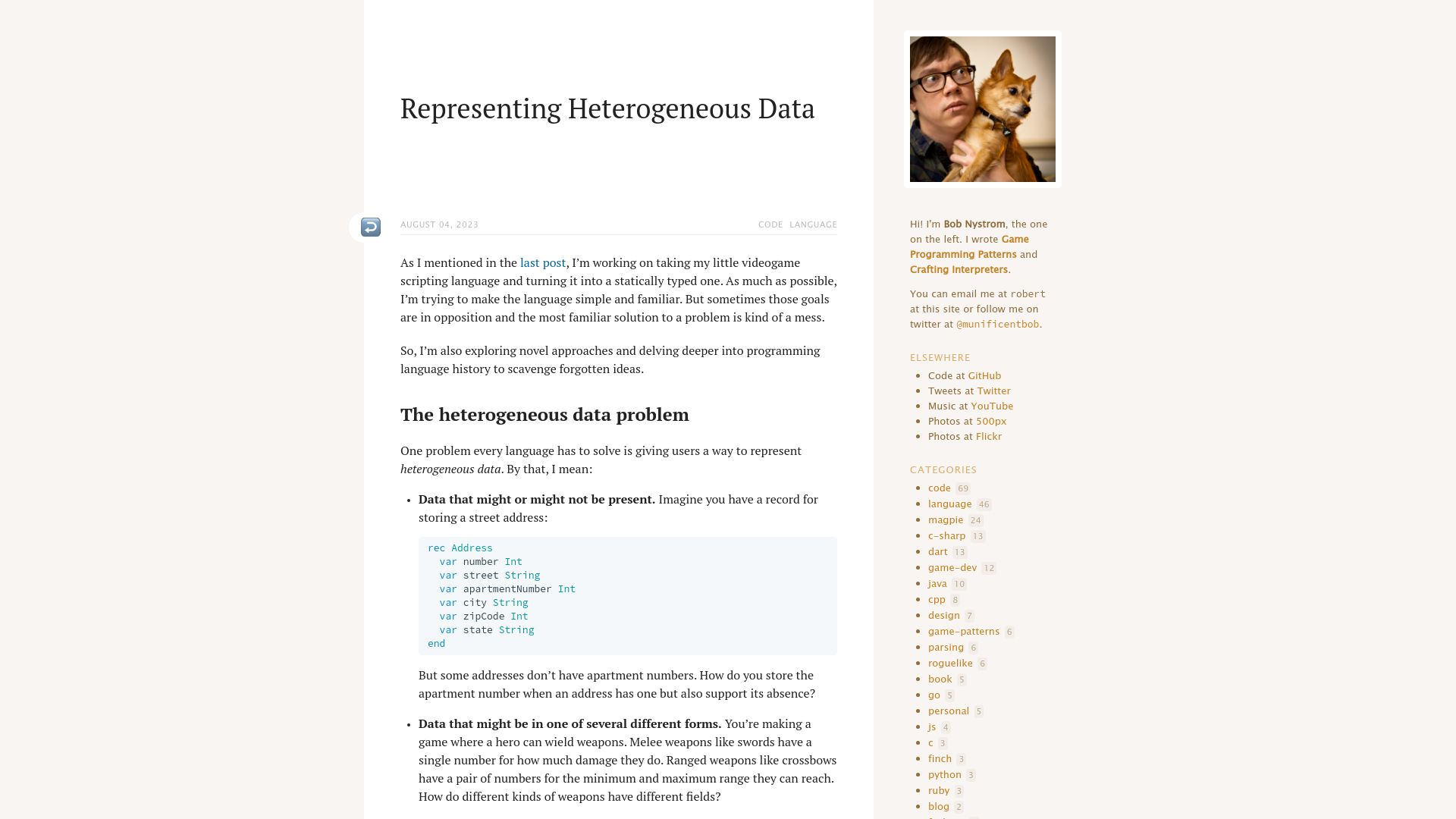 Screenshot of journal.stuffwithstuff.com: Representing Heterogeneous Data
