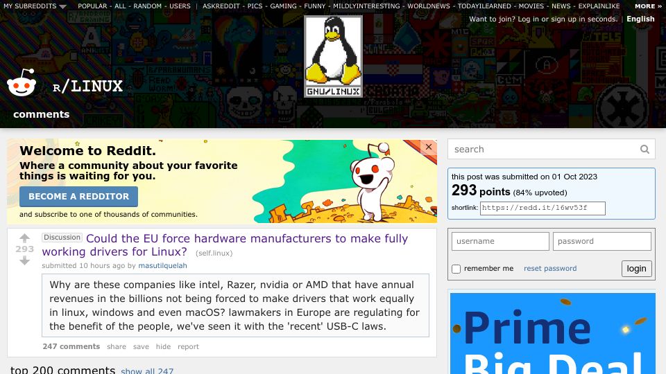 Screenshot of old.reddit.com: Could EU force hardware manufacturers to make working drivers for Linux?