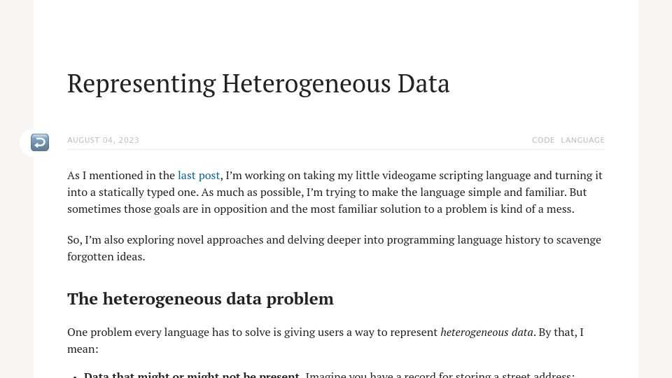 Screenshot of journal.stuffwithstuff.com: Representing Heterogeneous Data