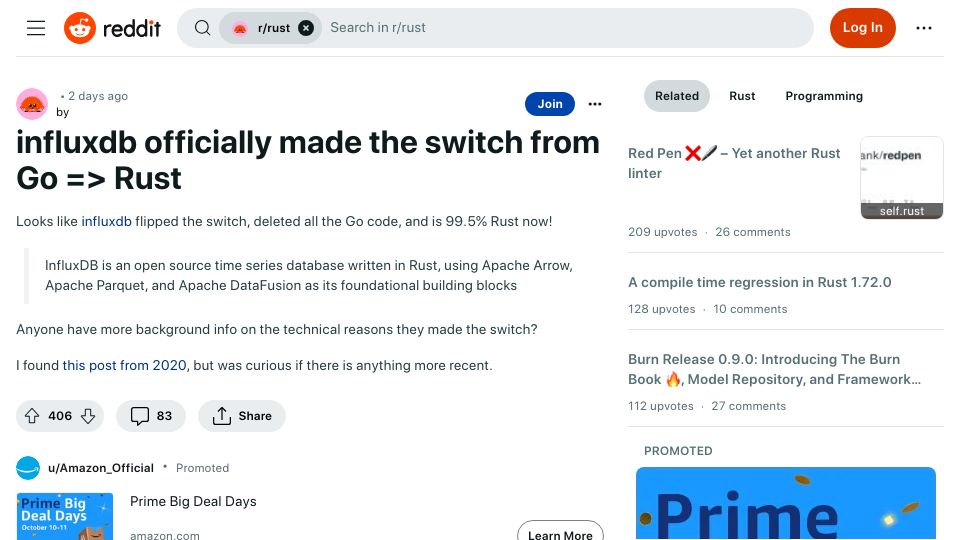 Screenshot of old.reddit.com: Influxdb made the switch from Go to Rust