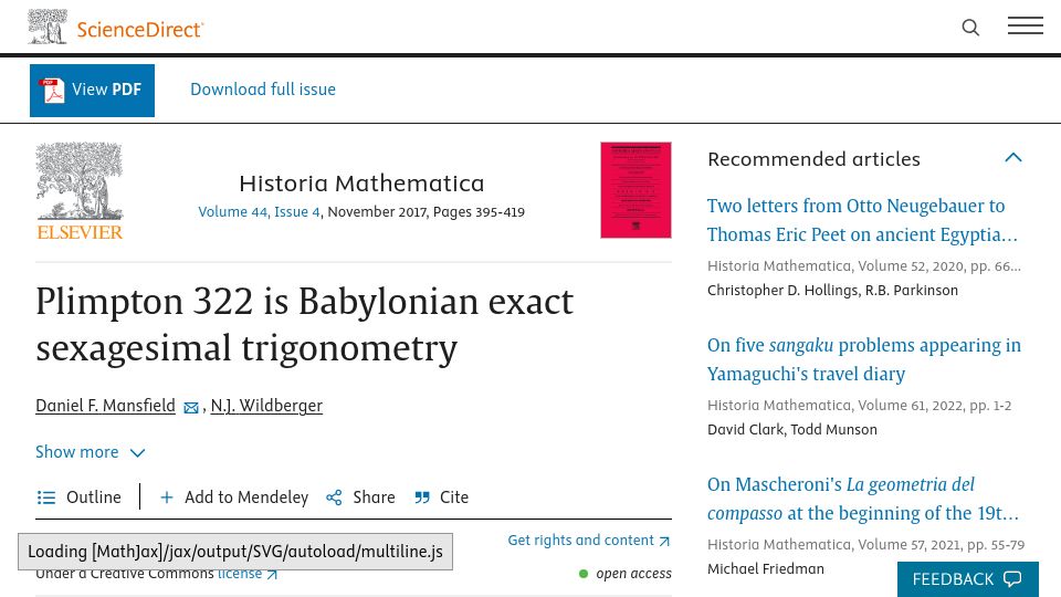 Screenshot of sciencedirect.com: Plimpton 322 is Babylonian exact sexagesimal trigonometry