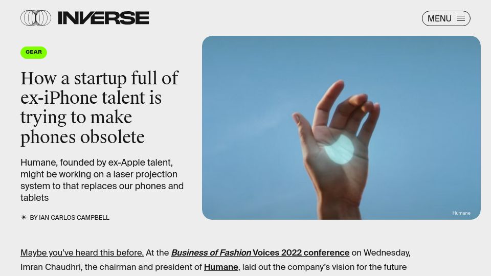 Screenshot of inverse.com: Humane, a startup full of ex-iPhone talent, trying to make phones obsolete