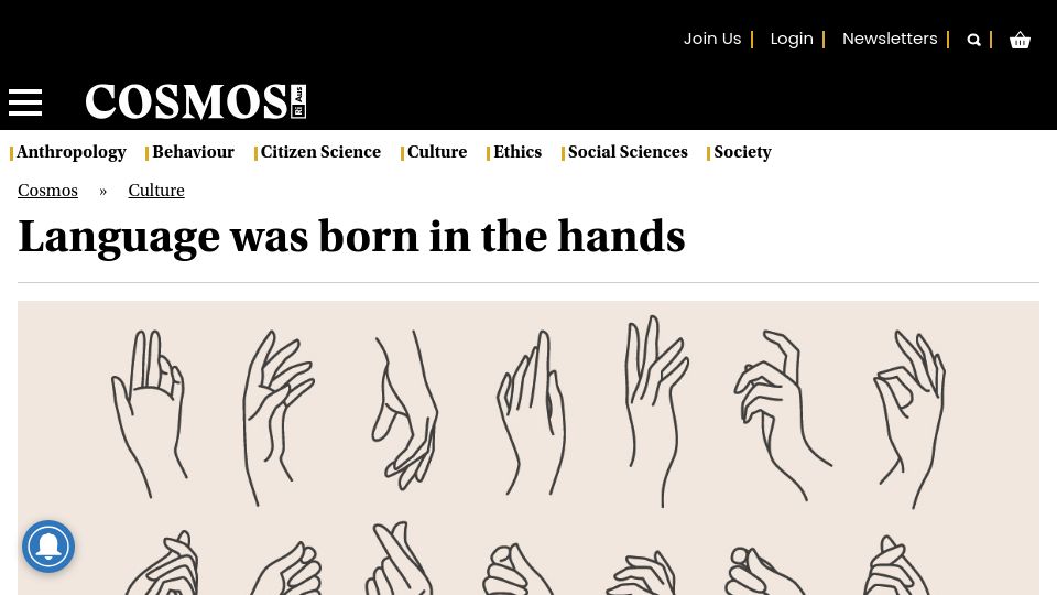 Screenshot of cosmosmagazine.com: Language was born in the hands (2022)