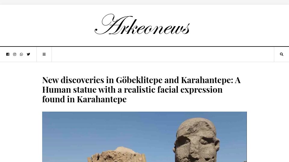 Screenshot of arkeonews.net: 12,000-year-old realistic human statue was unearthed