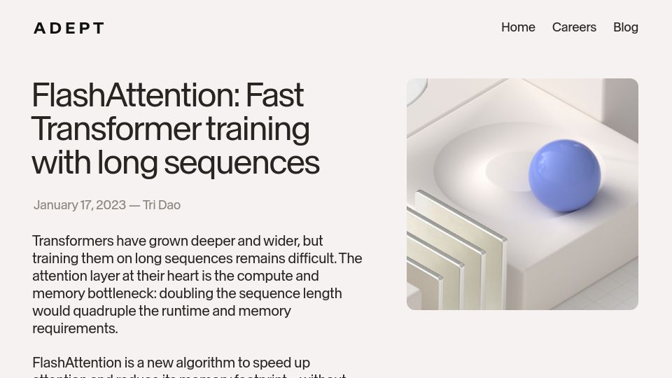 Screenshot of adept.ai: FlashAttention: Fast Transformer training with long sequences