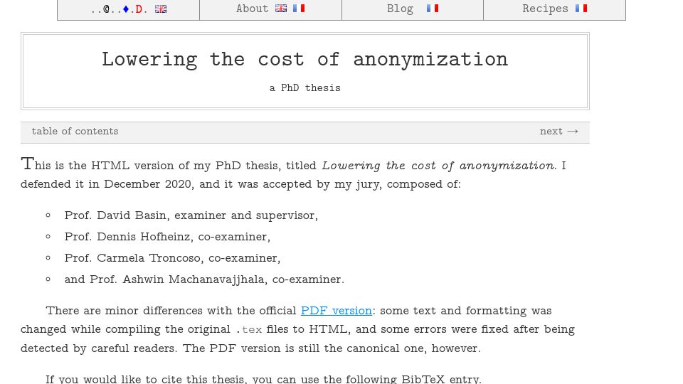 Screenshot of desfontain.es: Lowering the Cost of Anonymization (2020)