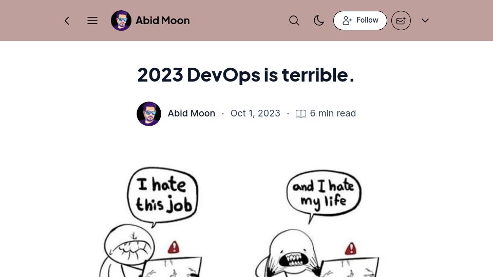 Screenshot of abidmoon.hashnode.dev: 2023 DevOps Is Terrible