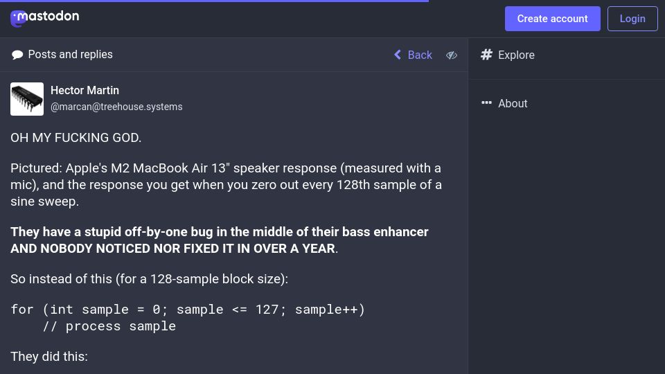 Screenshot of social.treehouse.systems: Asahi dev found off-by-one bug in M2 MacBook Air bass enhancer