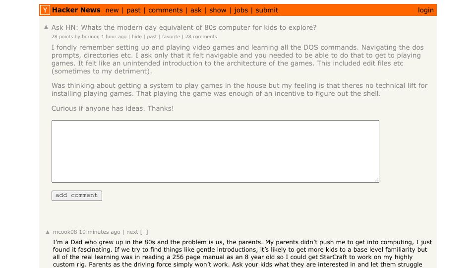 Screenshot of Hacker News post: Ask HN: Whats the modern day equivalent of 80s computer for kids to explore?