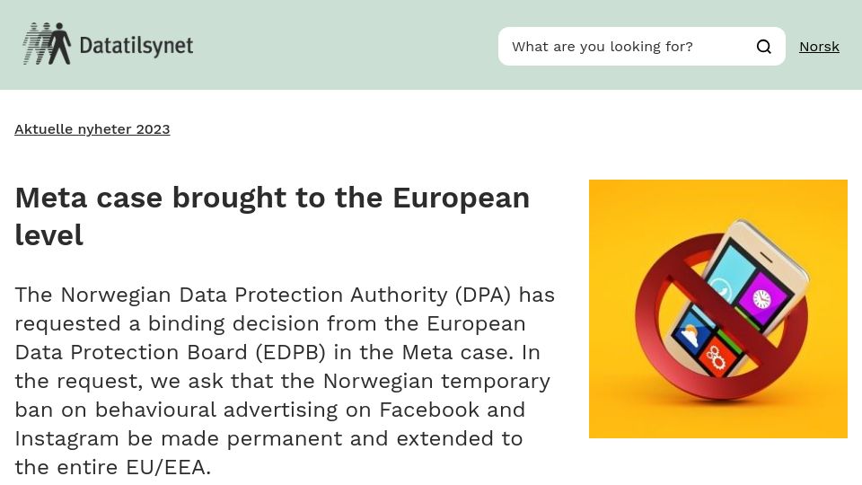 Screenshot of datatilsynet.no: Meta case brought to the European level