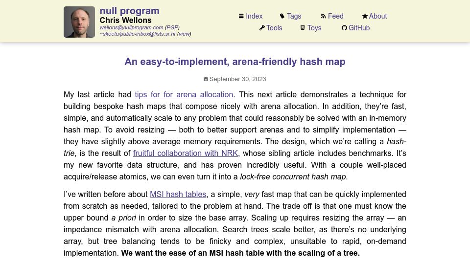 Screenshot of nullprogram.com: An easy-to-implement, arena-friendly hash map