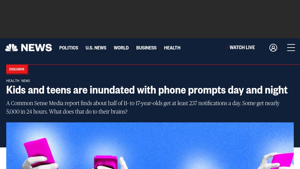 Screenshot of nbcnews.com: Teens inundated with phone prompts day and night, research finds