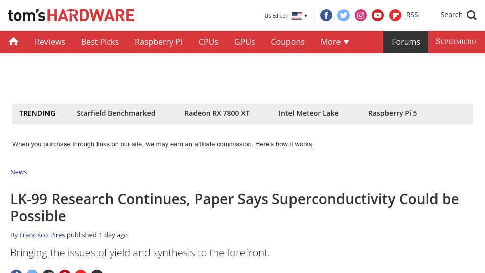 Screenshot of tomshardware.com: LK-99 research continues, paper says superconductivity could be possible