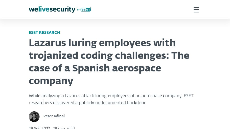 Screenshot of welivesecurity.com: Fake recruiter lured aerospace employee with trojanized coding challenge