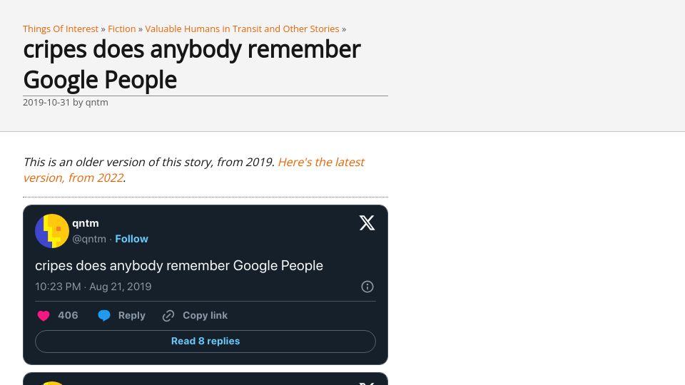 Screenshot of qntm.org: Does anybody remember Google People