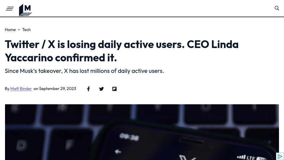 Screenshot of mashable.com: Twitter / X is losing daily active users. CEO Linda Yaccarino confirmed it