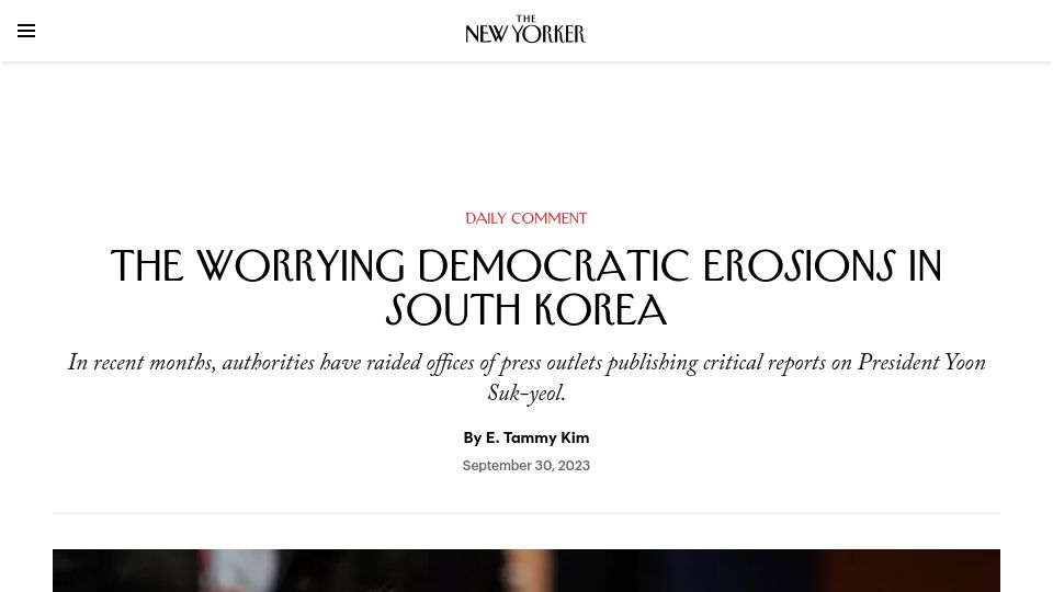 Screenshot of newyorker.com: The worrying democratic erosions in South Korea