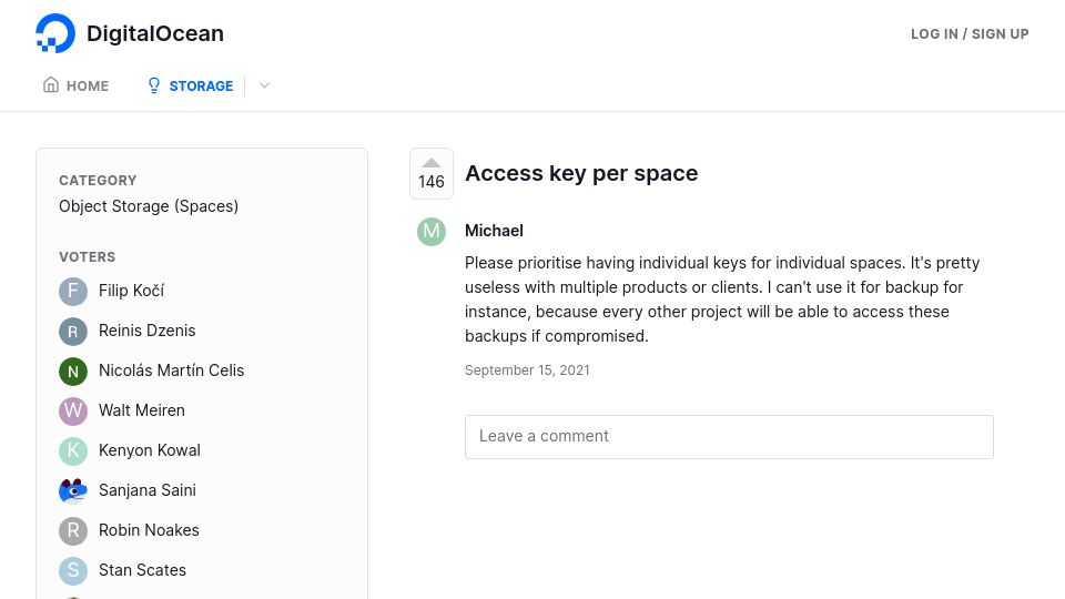 Screenshot of ideas.digitalocean.com: In Digital Ocean, S3-like space keys can access all your buckets