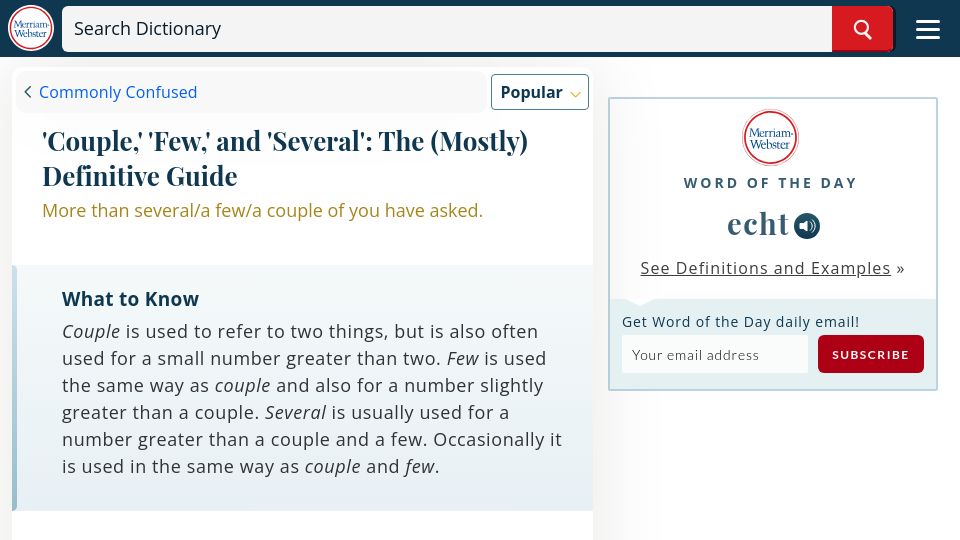 Screenshot of merriam-webster.com: 'Couple,' 'Few,' and 'Several'