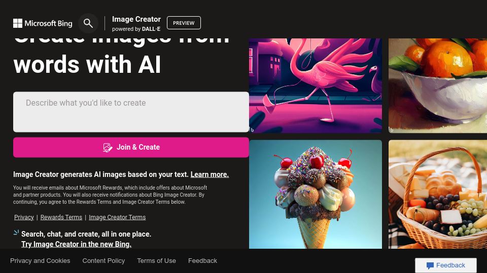 Screenshot of bing.com: DALL-E 3 is now publicly available inside Bing