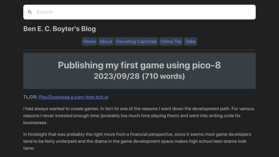 Screenshot of boyter.org: Publishing my first game using PICO-8