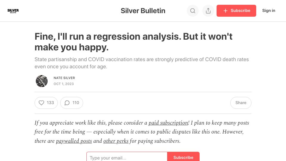 Screenshot of natesilver.net: Fine, I'll run a regression analysis but it won't make you happy