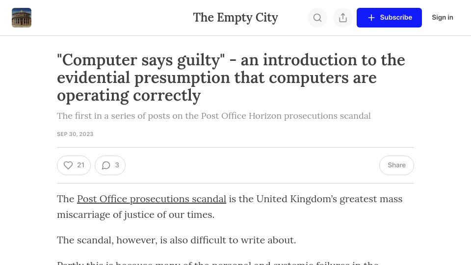 Screenshot of emptycity.substack.com: The presumption that computers are working correctly