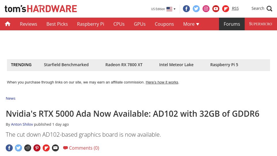 Screenshot of tomshardware.com: Nvidia's RTX 5000 Ada Now Available: AD102 with 32GB of GDDR6