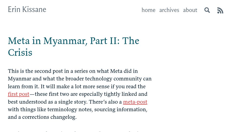 Screenshot of erinkissane.com: Meta in Myanmar, Part II: The Crisis
