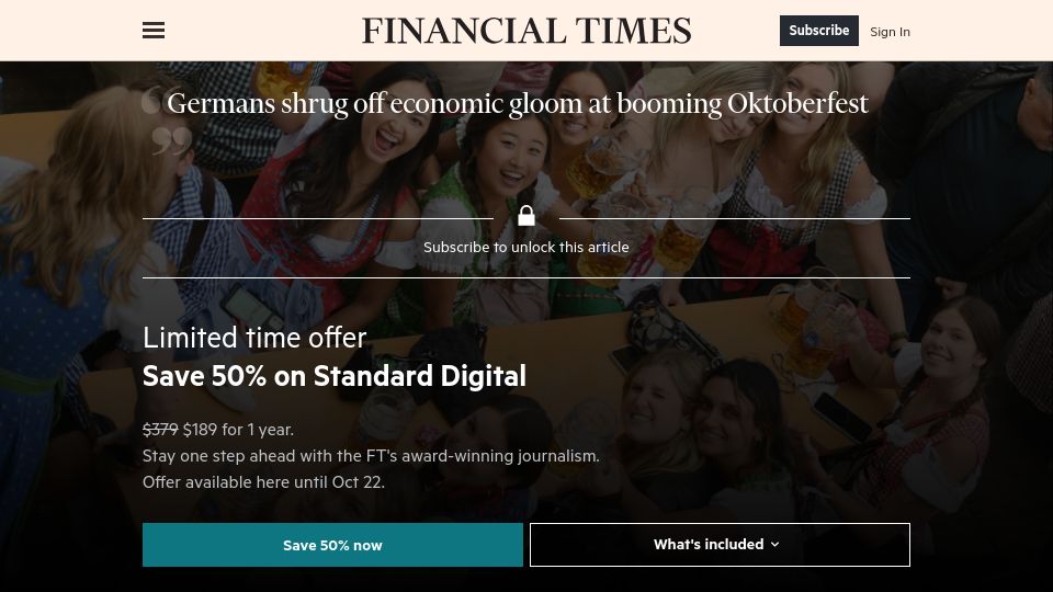 Screenshot of ft.com: Germans shrug off economic gloom at booming Oktoberfest