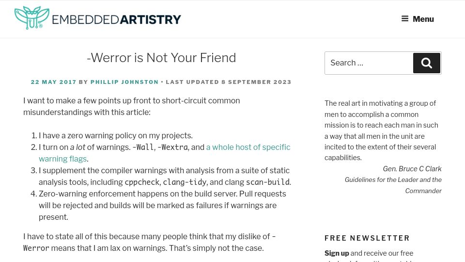 Screenshot of embeddedartistry.com: -Werror Is not your friend (2017)