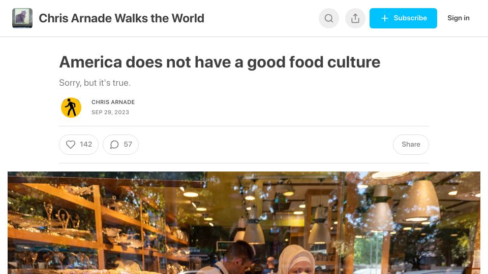 Screenshot of walkingtheworld.substack.com: America does not have a good food culture