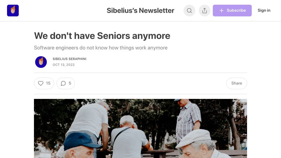 Screenshot of sibelius.substack.com: We don't have Senior Engineers anymore
