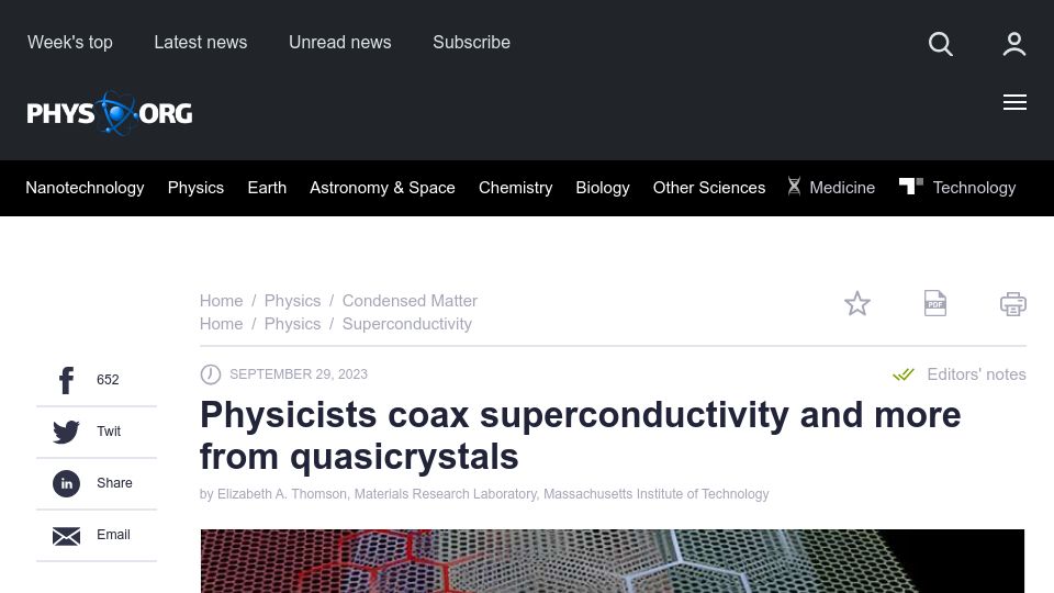 Screenshot of phys.org: Physicists coax superconductivity and more from quasicrystals
