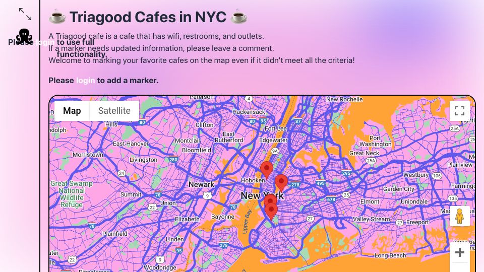 Screenshot of octobrain.one: Show HN: A map that tells you if a NYC cafe has WiFi, a restroom, and an outlet