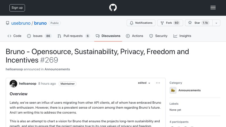 Screenshot of github.com: Bruno – Opensource, sustainability, privacy, freedom and incentives