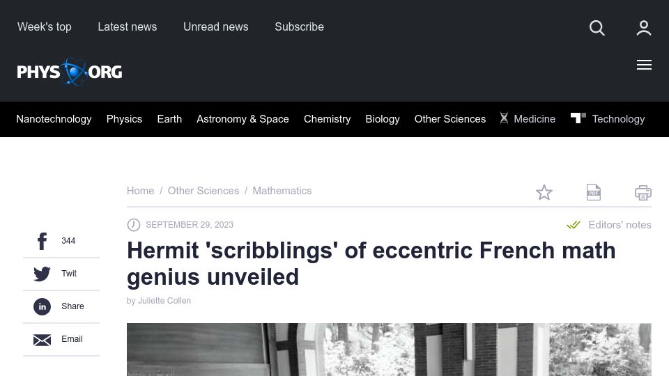 Screenshot of phys.org: Hermit 'scribblings' of Alexander Grothendieck made available to researchers