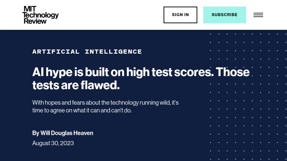 Screenshot of technologyreview.com: AI hype is built on flawed test scores