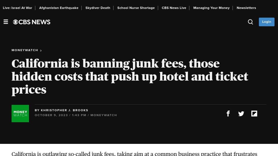 Screenshot of cbsnews.com: California is banning junk fees