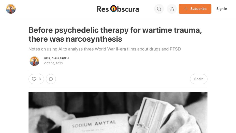 Screenshot of resobscura.substack.com: Before psychedelic therapy for wartime trauma, there was narcosynthesis