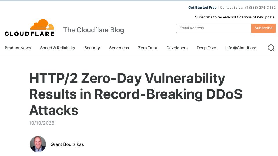 Screenshot of blog.cloudflare.com: HTTP/2 Zero-Day Vulnerability Results in Record-Breaking DDoS Attacks